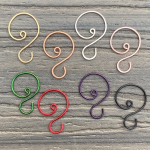 Small Swirl Ornament Hooks, 1 1/8", Set of 12. Choice of Gold, Silver, Copper, Rose Gold, Green, Red, Purple, Black