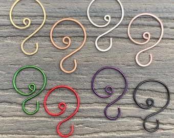 Small Swirl Ornament Hooks, 1 1/8", Set of 12. Choice of Gold, Silver, Copper, Rose Gold, Green, Red, Purple, Black