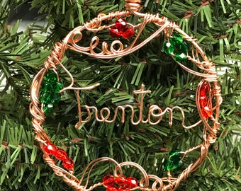 Personalized Name or Affirmation Copper Circle Wire Written Bead Accented Christmas Ornament