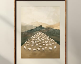 Jesus Leaves the 99 Art Print Unframed, Christian Wall Art Parable of the Lost Sheep Good Shepherd, Jesus Art, Christian Home Decor