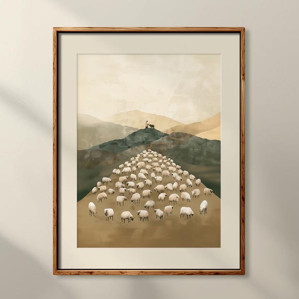 Jesus Leaves the 99 Art Print Unframed, Christian Wall Art Parable of the Lost Sheep Good Shepherd, Jesus Art, Christian Home Decor