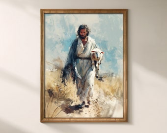 Lost Sheep Jesus Art Print, Good Shepherd Painting (Digital Download)