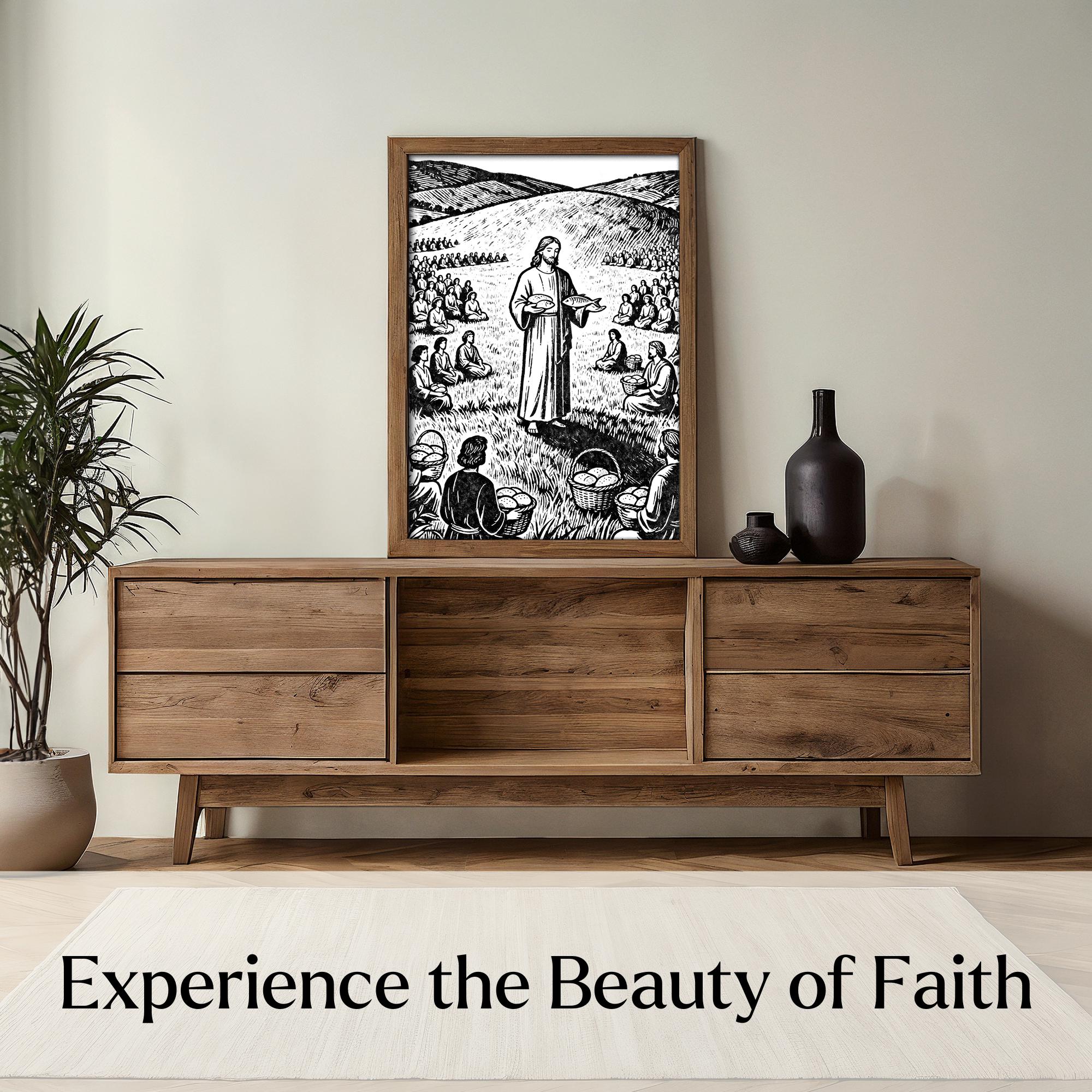 Linocut Jesus Jesus Feeds the 5000 Linocut Art Print, Black and White Christian Wall ...