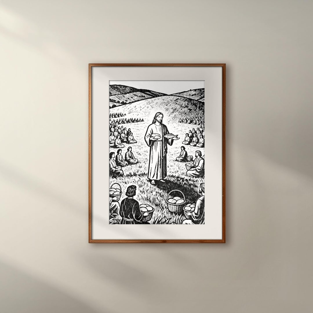 Linocut Jesus Jesus Feeds the 5000 Linocut Art Print, Black and White Christian Wall ...