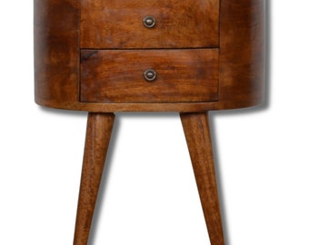 Chestnut Finish Rounded Bedside Table, Solid Wood Nightstand with Drawers, Modern Mango Wood Bed End Table