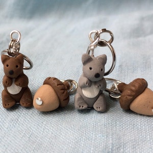 Squirrel and Acorn Stitch Markers set of 4 Miniature Polymer Clay Animal Knit Crochet Accessories