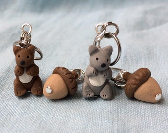 Squirrel and Acorn Stitch Markers set of 4 Miniature Polymer Clay Animal Knit Crochet Accessories