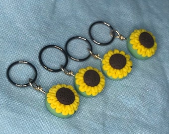 Sunflower Polymer Clay Stitch Markers (set of 4 miniature sculpted floral knit, crochet accessories)