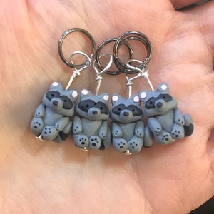 Raccoon Stitch Markers or Progress Keepers Miniature Handsculpted Polymer Clay Litter of Four