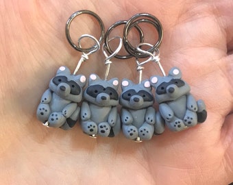 Raccoon Stitch Markers or Progress Keepers Miniature Handsculpted Polymer Clay Litter of Four