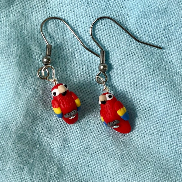 Scarlet Macaw Parrot Polymer Clay Sculpted Earrings Stainless Steel