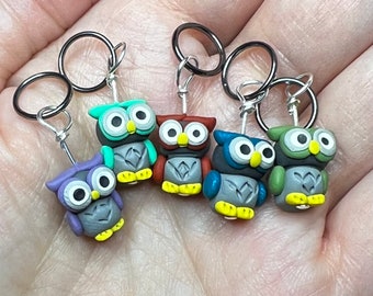 Owl Polymer Clay Miniature Stitch Markers (Flock of 5)