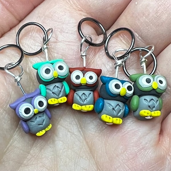 Owl Polymer Clay Miniature Stitch Markers (Flock of 5)