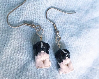 Landseer Newfoundland Dog Polymer Clay Sculpted Earrings Stainless Steel