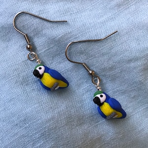 Blue and Yellow Macaw Parrot Polymer Clay Sculpted Earrings Stainless Steel