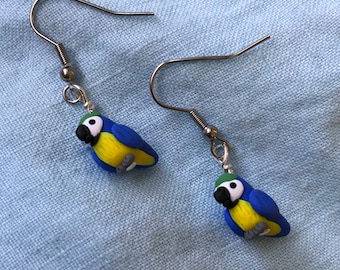 Blue and Yellow Macaw Parrot Polymer Clay Sculpted Earrings Stainless Steel