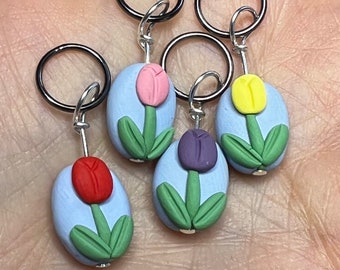 Spring Tulip Polymer Clay Stitch Markers (bouquet of 4)