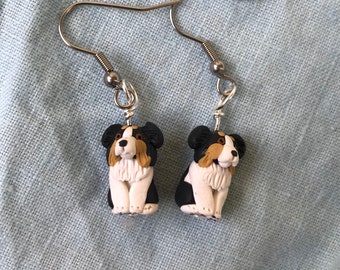 Black Tri Australian Shepherd Dog Polymer Clay Sculpted Earrings Stainless Steel
