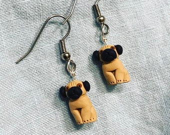 Pug Dog Polymer Clay Sculpted Earrings Stainless Steel