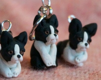 Boston Terrier Polymer Clay Stitch Markers set of 4 Miniature Sculpted Dog Animal Puppy Knit, Crochet Accessories