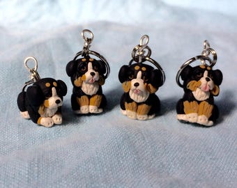 Bernese Mountain Dog Stitch Markers Miniature Polymer Clay Sculpted Animal Knit Crochet Charms Accessories set of 4