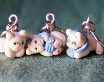 White Kitty Cat Polymer Clay Stitch Markers (set of 4)