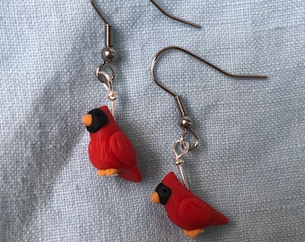 Male Cardinal Bird Polymer Clay Sculpted Earrings Stainless Steel