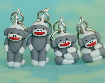 Sock Monkey Stitch Markers set of 4 Miniature Polymer Clay Sculpted Animal Knit Crochet Accessories