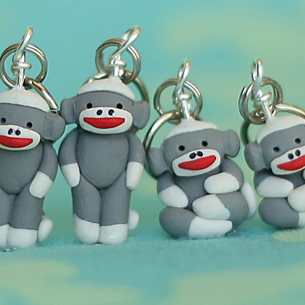 Sock Monkey Stitch Markers set of 4 Miniature Polymer Clay Sculpted Animal Knit Crochet Accessories