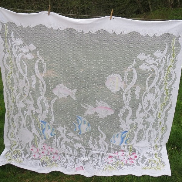 Vintage White Blue Pink Green Lace Sea Life Swimming Fish Seahorses Coral Nautical Shower Curtain