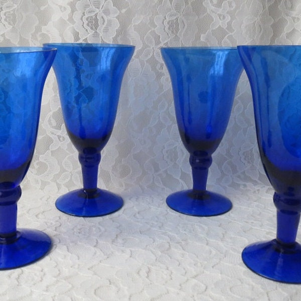 Vintage Cobalt Blue Blown Glass Wine or Water Goblets Stemware Set of 4