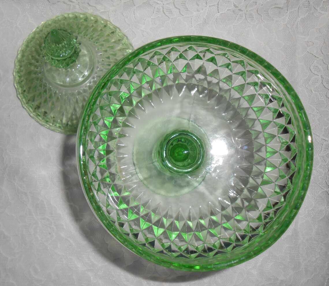 Vintage Green Depression Glass Compote Dish with Lid Rare Etsy