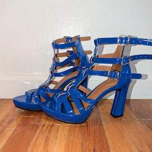 May include: A pair of blue high-heeled sandals with multiple straps and buckles.