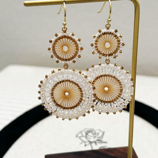Handmade White Gold Seed Bead Sunburst Earrings, Boho Statement Dangle Jewelry