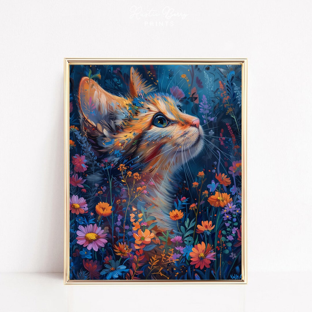 Floral Cat Art Print | Animal Print | Cat Artwork | Cat Print ...