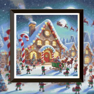 May include: A gingerbread house with candy cane columns and a red door is decorated with lights and snow.  Santa Claus and elves are in front of the house with a sleigh and reindeer.
