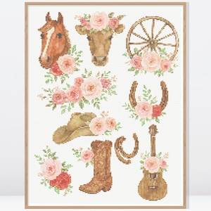 Korsstygnsmönster med cowgirl och vilda blommor • Modernt korsstygnsmönster • Räknediagram • Korsstygnsmönster med hästar • FW011