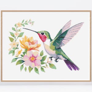 Peut inclure: Un colibri vert et rose avec un long bec survole un groupe de fleurs roses, jaunes et blanches. Les fleurs sont disposées en cercle autour du colibri.