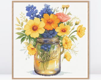 Wildflowers In Jar Cross Stitch Pattern • Watercolor Cross Stitch Pattern • Counted Cross Stitch Chart • Vintage Cross Stitch • FW123