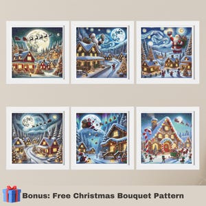 May include: Six framed images of winter scenes with a Christmas theme. Each image features a snowy village with houses, trees, and a starry night sky. Santa Claus is flying in a sleigh with reindeer in one of the images.