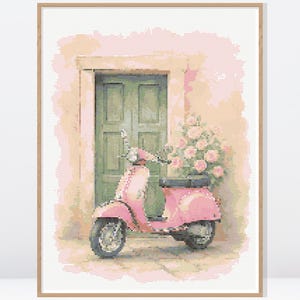 May include: A framed print of a pink scooter parked in front of a green door. The scooter has a black seat and is adorned with a bouquet of pink roses. The background is a light pink and beige color.