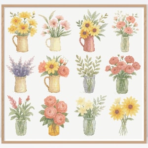 12 Mini Floral Vase Set Cross Stitch Pattern • Modern Cross Stitch Pattern • Counted Cross Stitch Chart • FW085