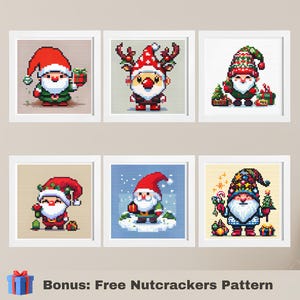 May include: Six different Christmas-themed cross-stitch patterns featuring gnomes, reindeer, and Santa Claus. The patterns are framed in white and displayed on a light beige wall.