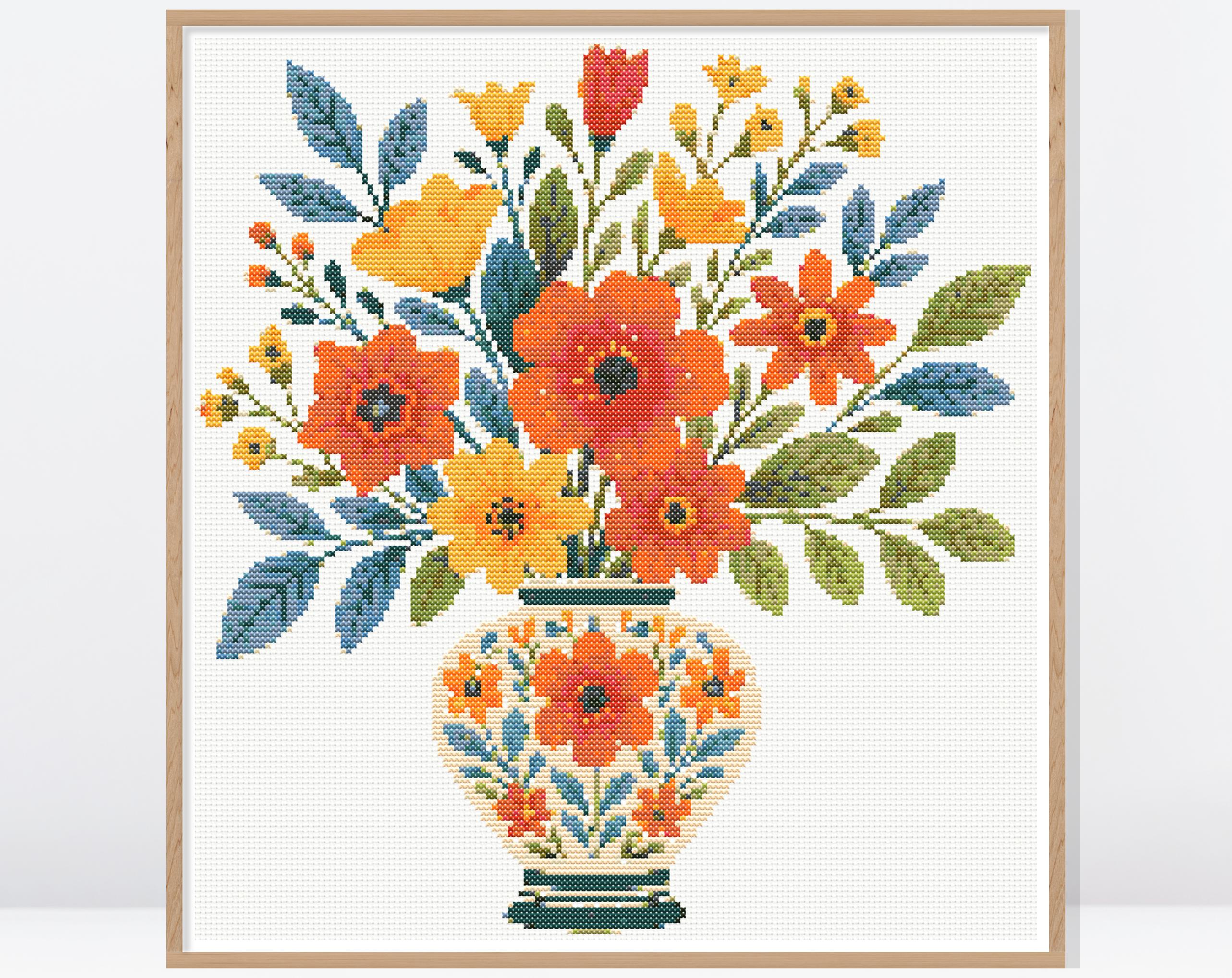 Folk Art Style Vase With Flowers Cross Stitch Pattern • Modern Cross ...