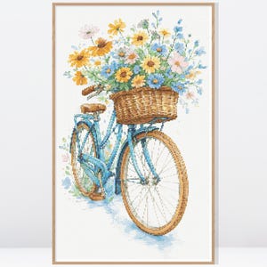 Patrón de punto de cruz de bicicleta con flores silvestres • Patrón de punto de cruz de acuarela • Gráfico de punto de cruz contado • Punto de cruz vintage • FW112