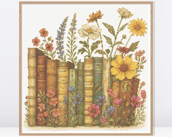 Patrón de punto de cruz de libro antiguo y flores silvestres • Patrón de punto de cruz moderno • Gráfico de punto de cruz contado • FW041