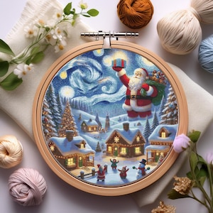 Motifs de Noël au point de croix Village d'hiver du Père Noël | Modèle de point de croix Père Noël | Décoration de Noël | Paysage de neige