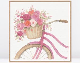 Watercolor Floral Bicycle Cross Stitch Pattern • Pink Cross Stitch Pattern • Vintage Cross Stitch • FW035