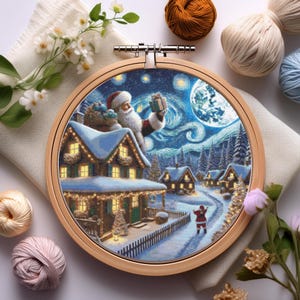 Motifs de Noël au point de croix Village d'hiver du Père Noël | Modèle de point de croix Père Noël | Décoration de Noël | Paysage de neige