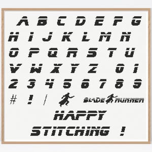 May include: Black and white alphabet and number font with a retro style. The font includes uppercase letters, numbers, and symbols. The text "Happy Stitching!" is at the bottom of the image.